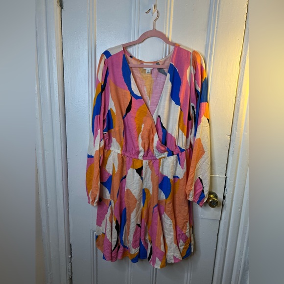 Ava & Viv Plus Size Balloon Sleeve Multicolored Wrap Dress - Picture 2 of 2